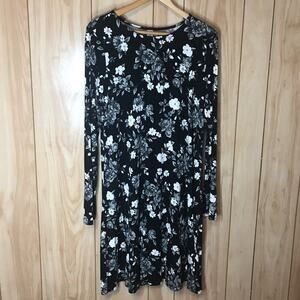 Old Navy Black White Floral High Neck Long Sleeve Women Tall Jersey-Knit Dress M